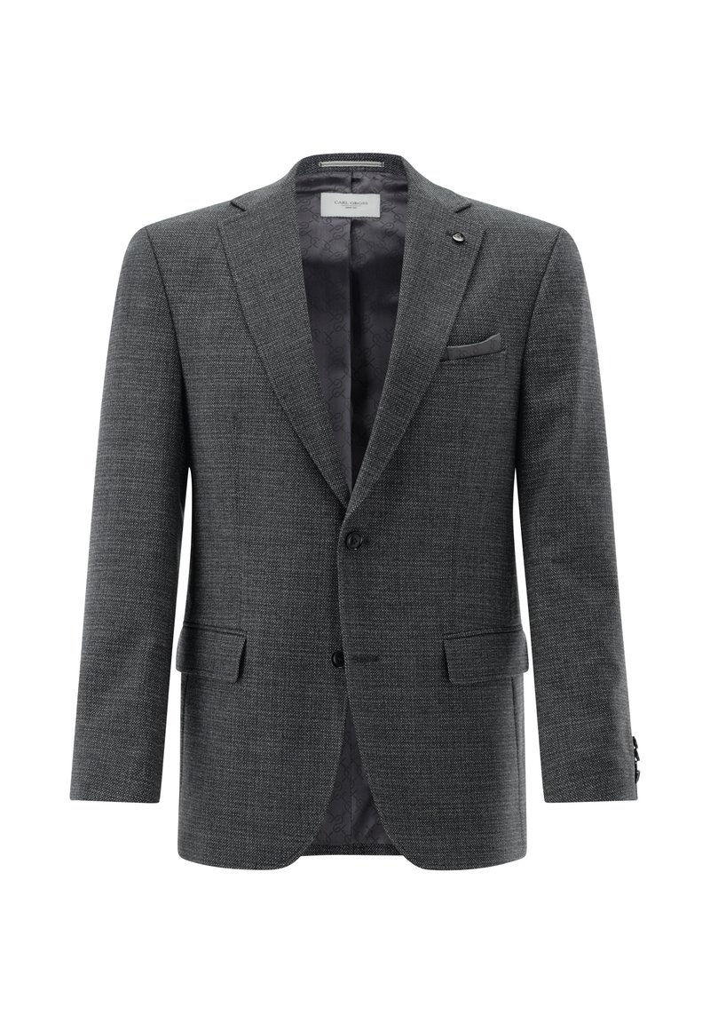 Grau strukturierter Blazer mit Reverskragen, zwei vorderen Taschen und einer Brusttasche. Das Innenfutter ist mit einem kontrastierenden gemusterten Stoff ausgekleidet.