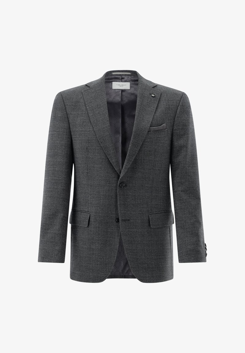 Grau strukturierter Blazer mit Reverskragen, zwei vorderen Taschen und einer Brusttasche. Das Innenfutter ist mit einem kontrastierenden gemusterten Stoff ausgekleidet.