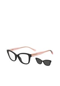 Occhiali da vista neri con finitura lucida e montature angolari, con aste accentate in rosa. Include una piccola sovrapposizione per occhiali da sole nera staccabile.