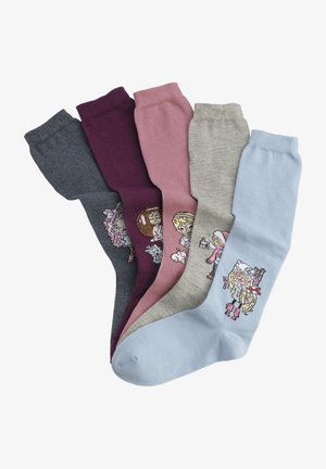 Fünf Paare Socken in Dunkelgrau, Dunkelviolett, Hellrosa, Hellgrau und Blassblau, jeweils mit bunten Cartoon-Charakterdesigns.
