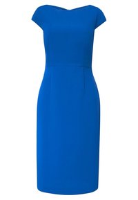 Blå, figursydd klänning med kap sleeve, båthalsringning och knälång fåll. Tillverkad av ett mjukt tyg med en ren, skräddarsydd silhuett.