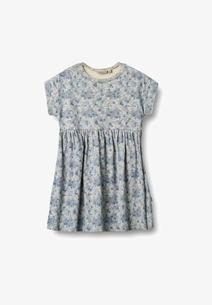 Floral dress made of light fabric with short sleeves, round neckline, and gathered waist. Features a blue base with small multicolored flowers.