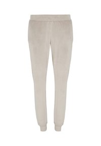 Jasnobeżowe spodnie dresowe wykonane z miękkiej tkaniny, z elastycznym pasem i ściągaczami, o gładkiej fakturze i bez widocznych kieszeni.