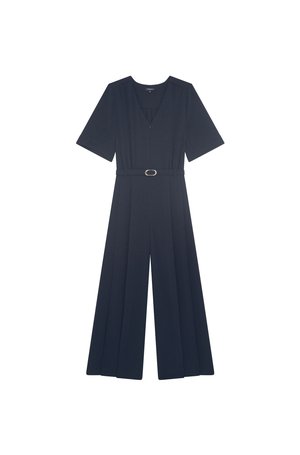 Marineblauer Jumpsuit mit kurzen Ärmeln, V-Ausschnitt, tailliertem Gürtel und weitem Bein.