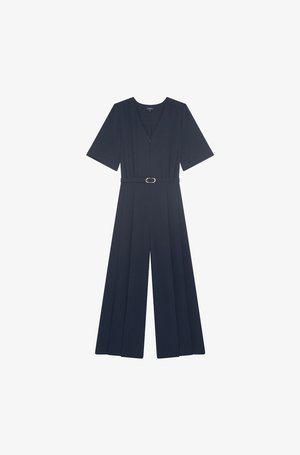 Marineblauer Jumpsuit mit kurzen Ärmeln, V-Ausschnitt, tailliertem Gürtel und weitem Bein.