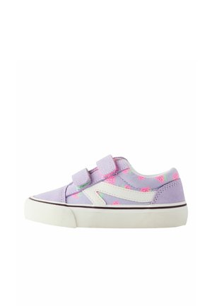 Children's purple sneaker with pink strawberry pattern, white sole, and two adjustable Velcro straps.