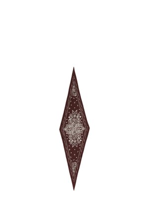 Ciemnobrązowa bandana w kształcie diamentu z białymi wzorami paisley i motywami kwiatowymi na środku i wzdłuż krawędzi.