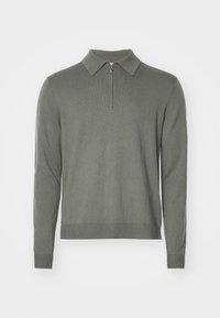 Maglione grigio con zip e collo, maniche lunghe, polsini e orlo a costine, realizzato in morbido materiale a maglia.