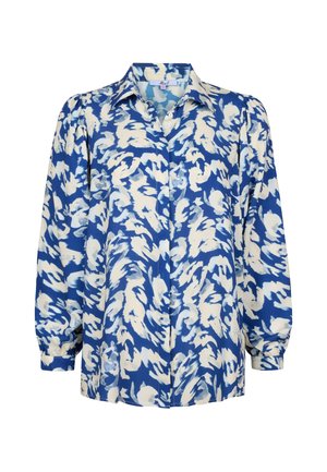 Blauw-witte abstracte bloemenblouse met lange mouwen, een kraag en knoopsluiting aan de voorkant, met geplooide manchetten.