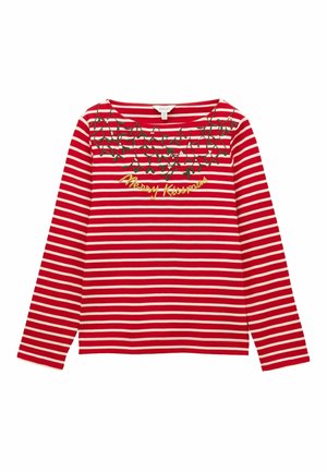 Sarkans un balts svītrots krekls ar garām piedurknēm, kas rotāts ar zaļu izšūtu mistletoe un ar zeltaini rakstītu "Merry Kissmass" uz krūtīm.