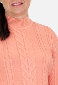 Suéter de color melocotón, tejido, con un alto cuello acanalado y un diseño de trenzas prominentes. Textura suave con patrones intrincados.