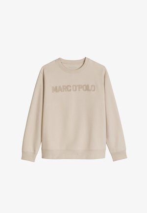 Beżowa bluza z długim rękawem z okrągłym dekoltem, z prążkowanymi mankietami i dołem, z wypukłym napisem "MARC O'POLO" na piersi.