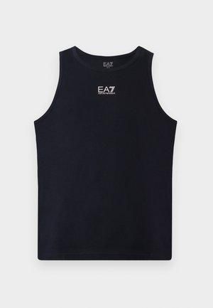 Navy blue sleeveless tank top made of smooth cotton, featuring a small EA7 logo in white on the front. Simple, classic design.