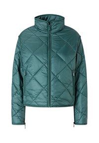 Giacca trapuntata verde menta realizzata in tessuto lucido. Presenta un colletto alto, una zip frontale e tasche laterali con zip. Maniche corte e strutturate.