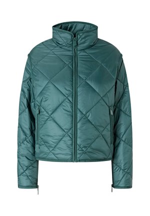 Giacca trapuntata verde menta realizzata in tessuto lucido. Presenta un colletto alto, una zip frontale e tasche laterali con zip. Maniche corte e strutturate.