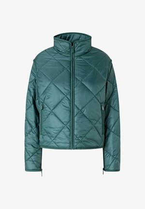 Giacca trapuntata verde menta realizzata in tessuto lucido. Presenta un colletto alto, una zip frontale e tasche laterali con zip. Maniche corte e strutturate.