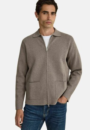 Mand iført brun lynlås-sweater med krave over hvid skjorte og blå jeans, stående med den ene hånd i lommen mod ensfarvet baggrund.