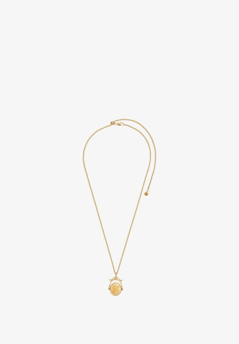Zlatý náhrdelník s okrúhlym príveskom s jemným detailom a vygravírovaným písmenom. Nastaviteľná dĺžka s bezpečným zapínaním.