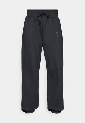Black sweatpants with a drawstring waist and elastic cuffs. Features a subtle logo on the front. Made of soft, durable fabric.