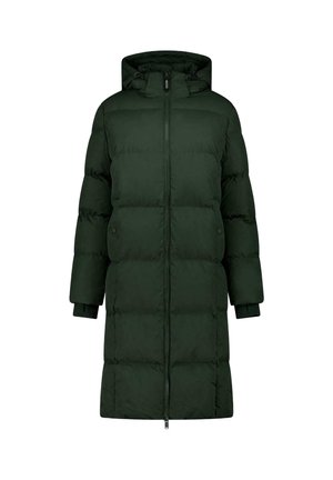Long dark green padded winter coat with hood, front zipper, and side pockets, designed for cold weather protection.