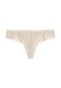 Beige Spitze-Tanga mit geometrischen Mustern und filigranen Details. Weicher Stoff mit einem glatten Bund und minimaler Bedeckung.