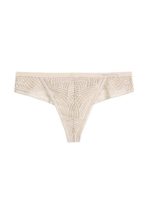 Lace thong in beige, featuring geometric patterns and intricate detailing. Soft fabric with a smooth waistband and minimal coverage design.