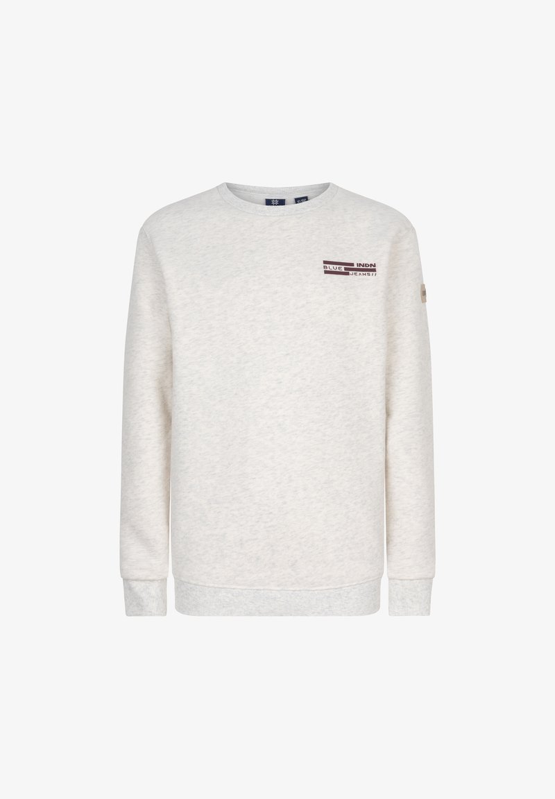 Sweatshirt gris clair en tissu doux, avec un col rond, des manches longues et un petit logo en rouge foncé sur la poitrine.
