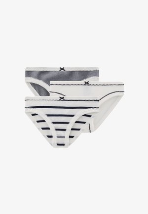 Drei weiße Bikini-Unterhosen mit schwarzer Dekornaht und kleinen Schleifen; zwei Paar haben horizontale schwarze Streifen, ein Paar ist einfarbig weiß.