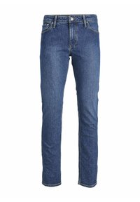 Jeans de mezclilla en azul oscuro, con corte recto, diseño de cinco bolsillos, cierre frontal con botón y detalles de costura en contraste.