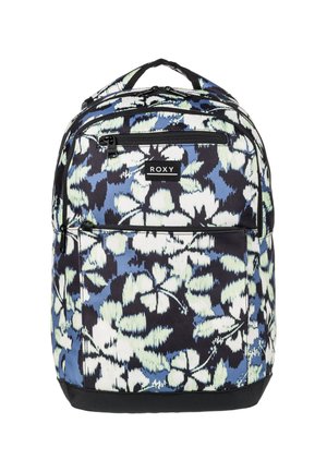 Rugzak gemaakt van duurzaam stof met een bloemenpatroon in tinten blauw, zwart en groen. Inclusief ritsen en een zwarte accentbasis.