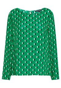 Grüne Bluse mit Rundhalsausschnitt, langen Ärmeln und einem wiederholenden Halbkreis-Muster in Hellgrün. Hergestellt aus glattem, leichtem Stoff.