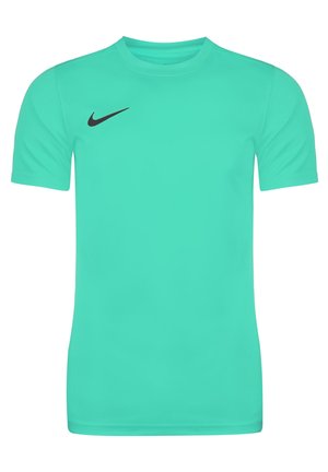 Turkis kortærmet Nike sportst-shirt med rund hals og sort Swoosh-logo på højre bryst.