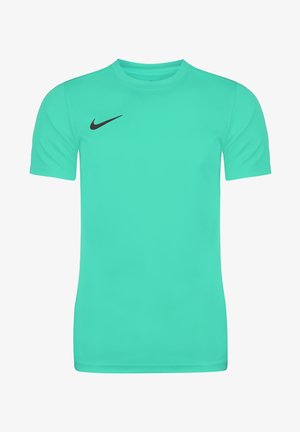 Turquoise Nike sport-T-shirt met korte mouwen, ronde hals en zwart Swoosh-logo op de rechterborst.
