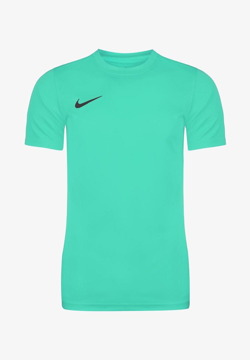 T-shirt de sport Nike turquoise à manches courtes, col rond et logo Swoosh noir sur la poitrine droite.