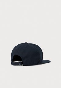 Navy blue baseball cap with adjustable strap and metal buckle, shown from the back on a plain white background.