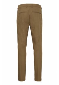Brown tailored trousers made of smooth fabric, featuring two back pockets and a slim fit design with a clean, straight leg cut.