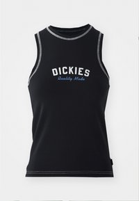 Svart ermeløs tank top med grå sømmer. Har "DICKIES"-logo i hvitt og blått. Laget av et glatt, elastisk stoff.