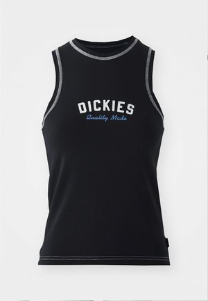Camisola sem mangas preta com costura cinza. Apresenta o logotipo "DICKIES" em branco e azul. Feita de um tecido liso e elástico.