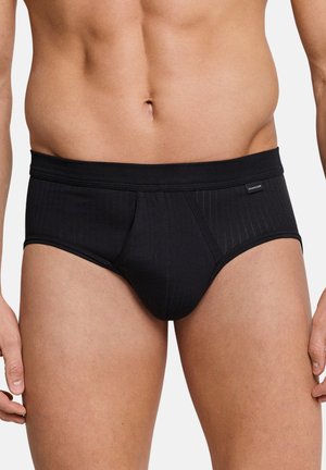 Czarne bawełniane slipy z pionowymi prążkami, elastycznym pasem i kształtowanym przednim panelem. Gładka faktura i dopasowany krój.