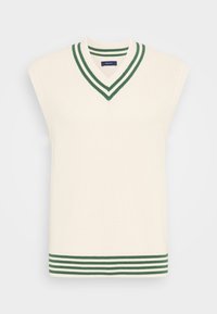 Cremefarbener ärmelloser Strickpullover mit V-Ausschnitt, versehen mit zwei grünen Streifen am Kragen und einem grün-weiß gestreiften Saum.