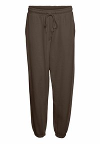 Bruna mjukisbyxor med elastisk midja och dragsko, med elastiska mudd vid anklarna och en slät tygtextur.