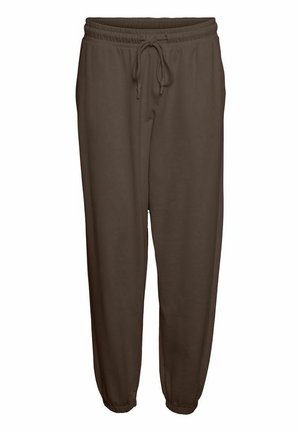 Bruna mjukisbyxor med elastisk midja och dragsko, med elastiska mudd vid anklarna och en slät tygtextur.