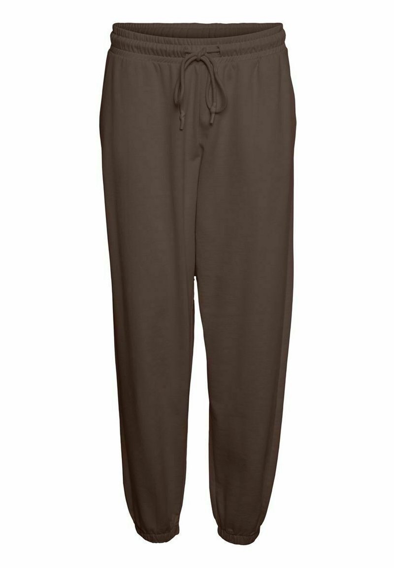 Bruna mjukisbyxor med elastisk midja och dragsko, med elastiska mudd vid anklarna och en slät tygtextur.