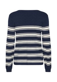 Tumesinine ja valge triibuline kampsun pikade varrukatega, millel on tekstuuriline muster ja soonikkoes sääred. Tagumiselt küljelt on näha horisontaalseid triibusid.