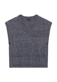 Marineblauer gestrickter Pullunder mit V-Ausschnitt, kurzen Ärmeln und zwei dekorativen Knöpfen an der Seite. Strukturiertes Gewebe mit meliertem Muster.