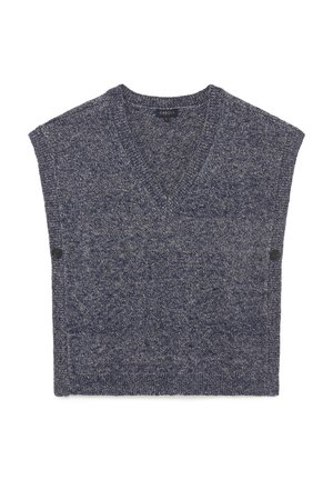 Chaleco de punto azul marino con cuello en V, manga corta y dos botones decorativos en el lateral. Tejido texturizado con un patrón jaspeado.