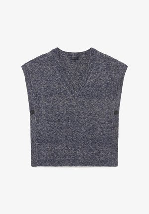 Chaleco de punto azul marino con cuello en V, manga corta y dos botones decorativos en el lateral. Tejido texturizado con un patrón jaspeado.