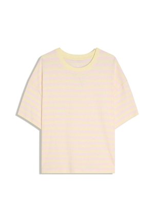 Light yellow and pale pink striped short-sleeve T-shirt with a round neckline, shown flat on a white background.