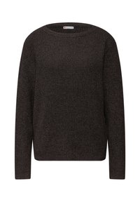 Tmavě hnědý pletený svetr s kulatým výstřihem, dlouhými rukávy a žebrovanou strukturou. Nabízí minimalistický design bez ozdob.