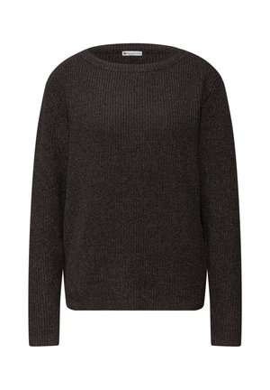 Ciemnobrązowy dziany sweter z okrągłym dekoltem, długimi rękawami i prążkowaną teksturą. Charakteryzuje się minimalistycznym designem bez ozdób.